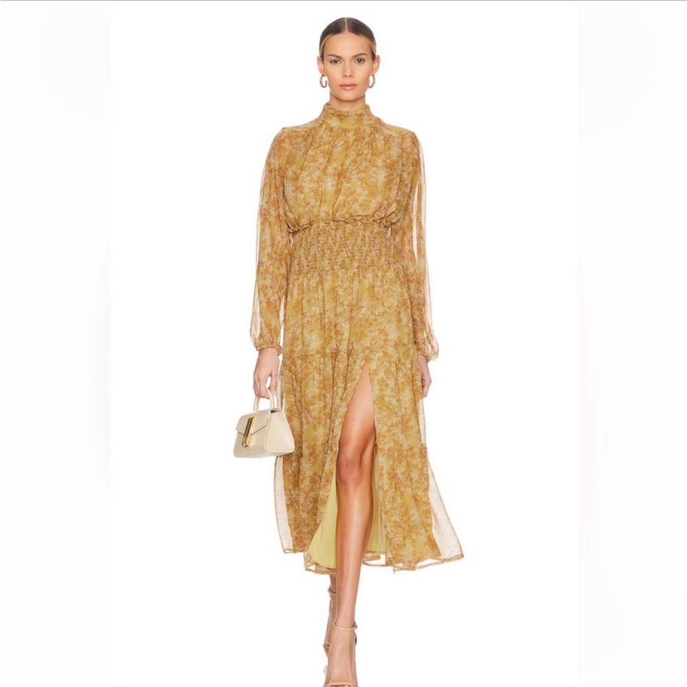 Astr the label Floral print smocked waist dress in mustard package unopened